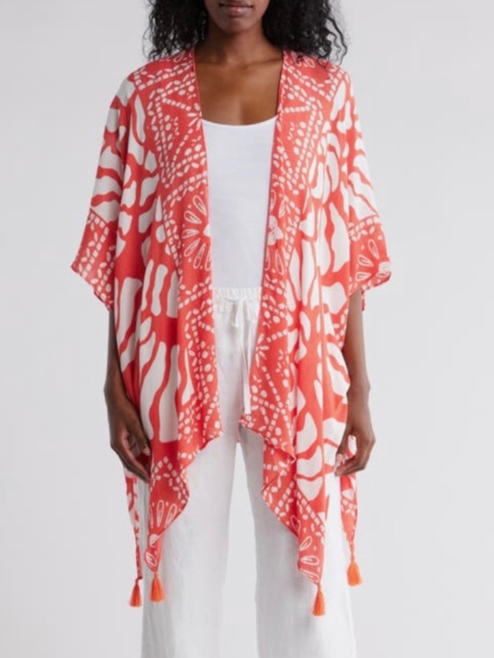 Vince Camuto Abstract Tassel Trim Open Front Ruana Wrap Hot Coral One Size